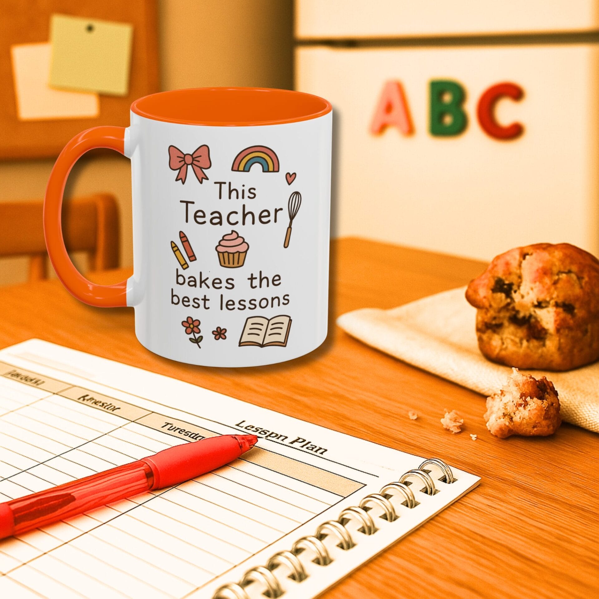 Teacher bakes with heart bowl whisk with hearts on colored accent mug
