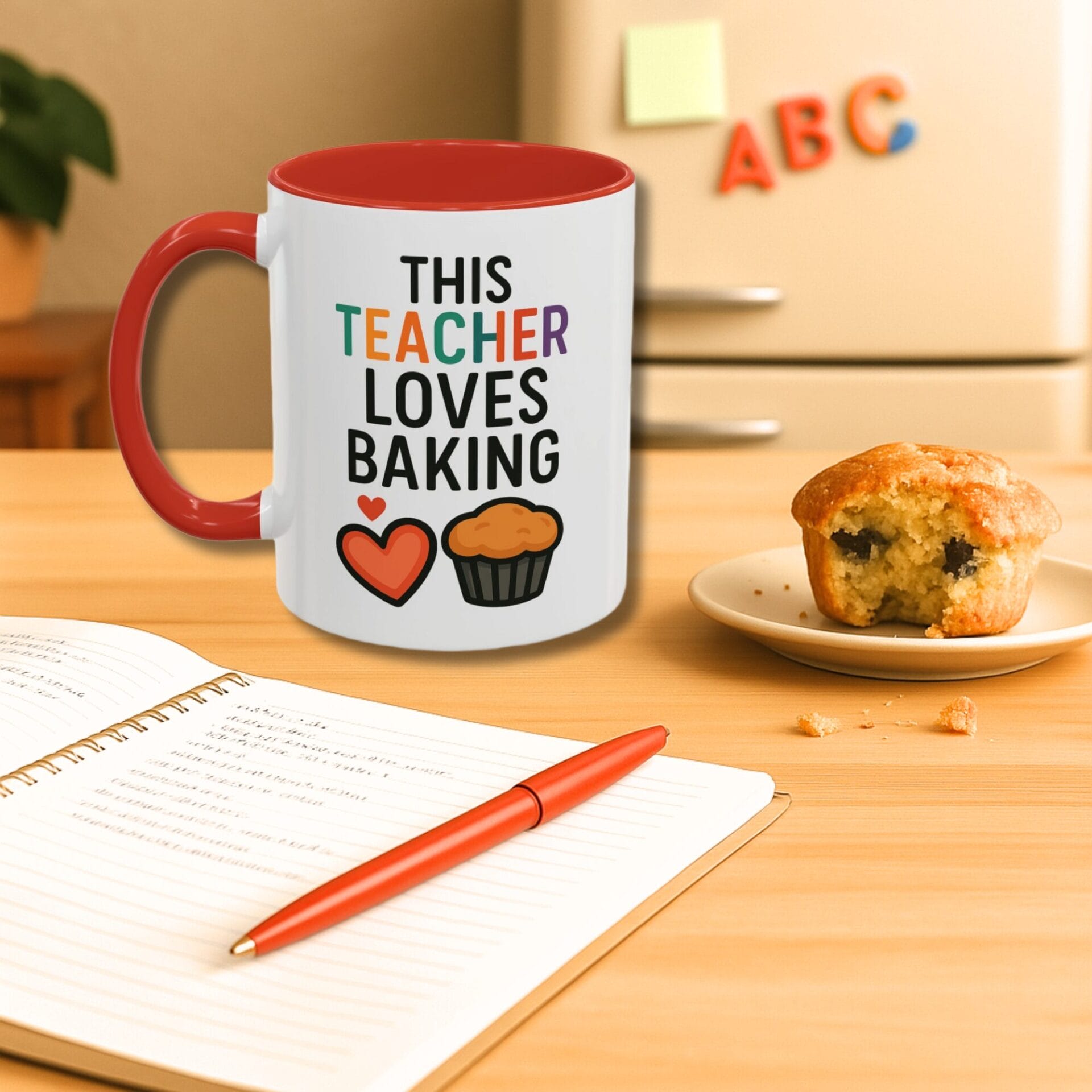 This teacher loves baking with heart muffin on colored accent mug