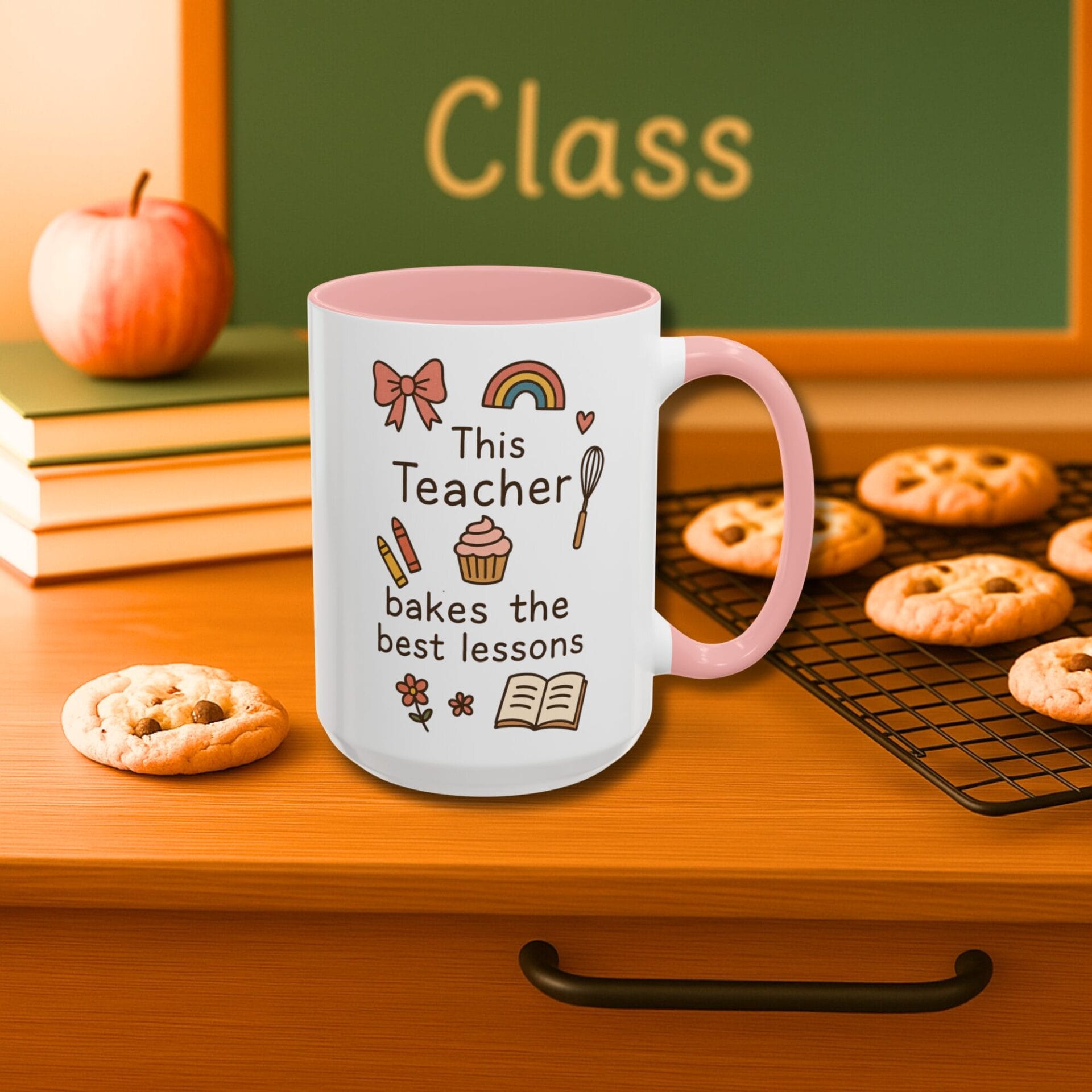 Teacher bakes with heart bowl whisk with hearts on colored accent mug