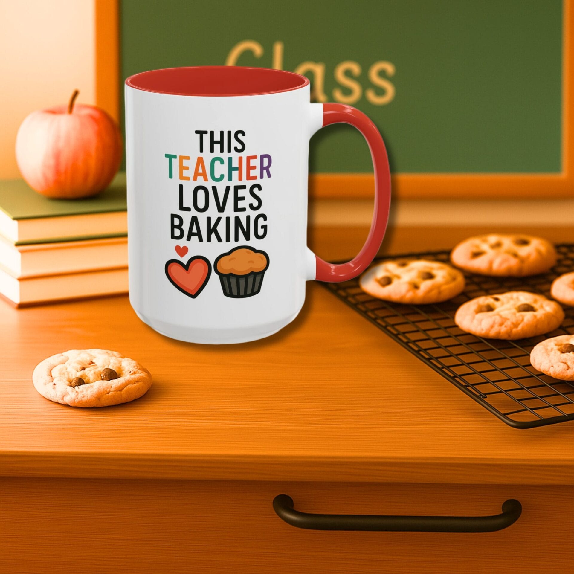 This teacher loves baking with heart muffin on colored accent mug