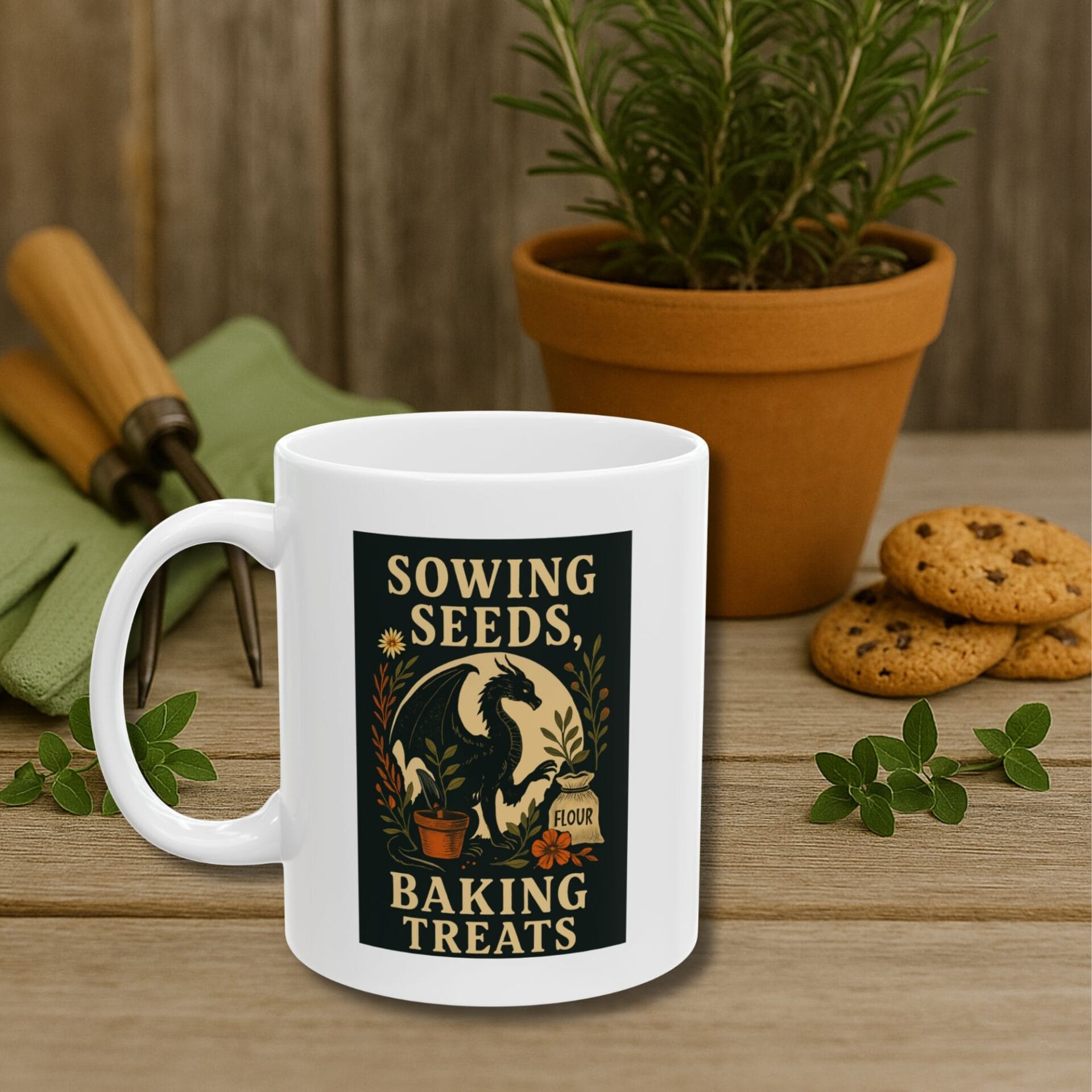 Sowing seeds baking treats wheelbarrow garden white ceramic mug gardening