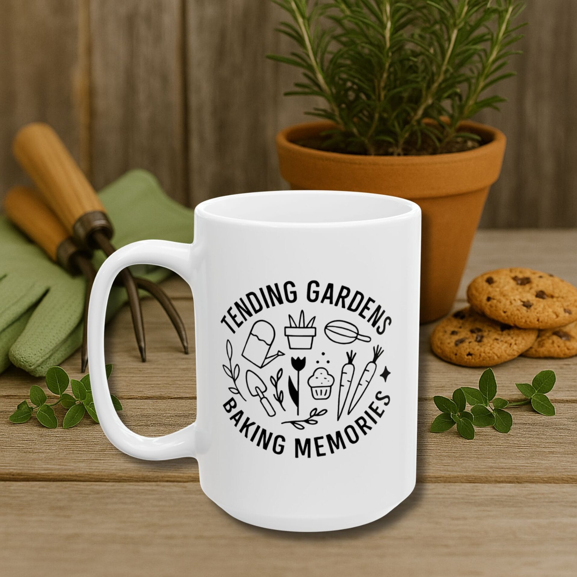 Tending gardens baking memories dark botanical white ceramic mug nostalgia