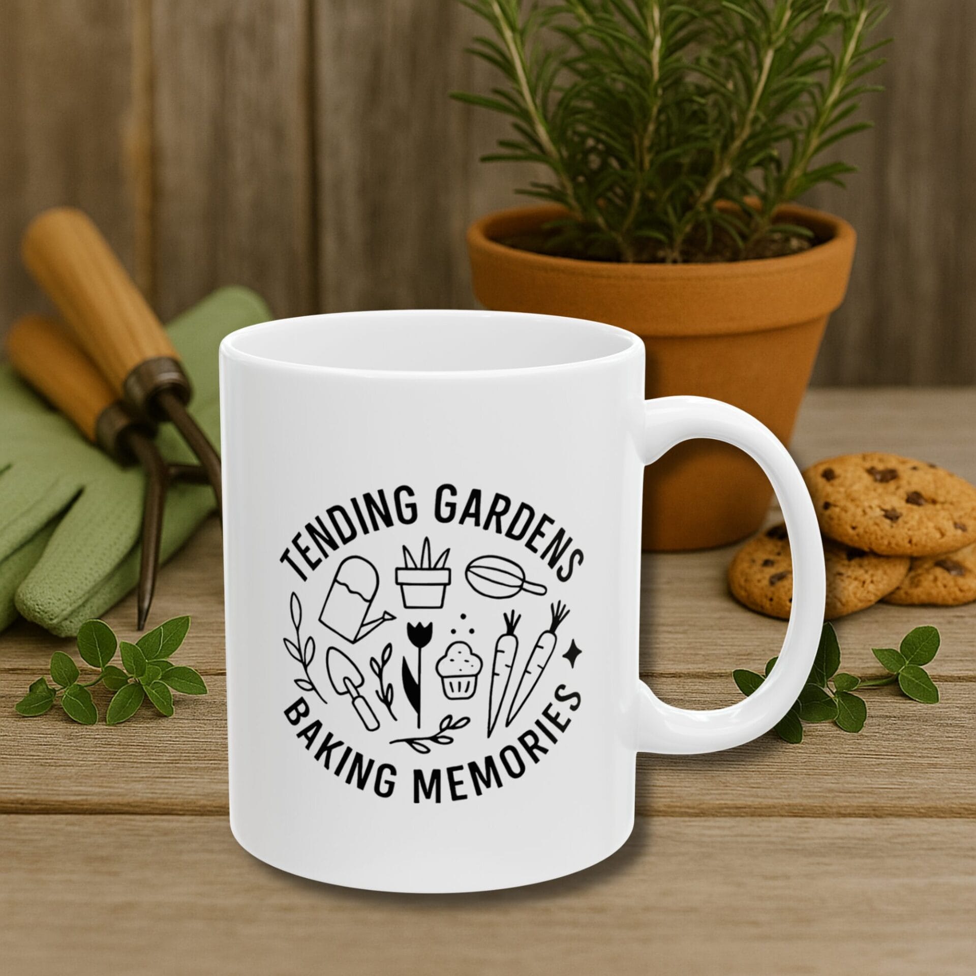Tending gardens baking memories dark botanical white ceramic mug nostalgia