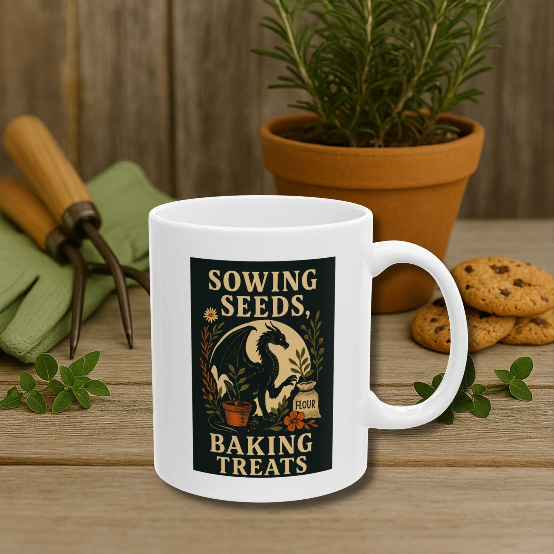 Sowing seeds baking treats wheelbarrow garden white ceramic mug gardening