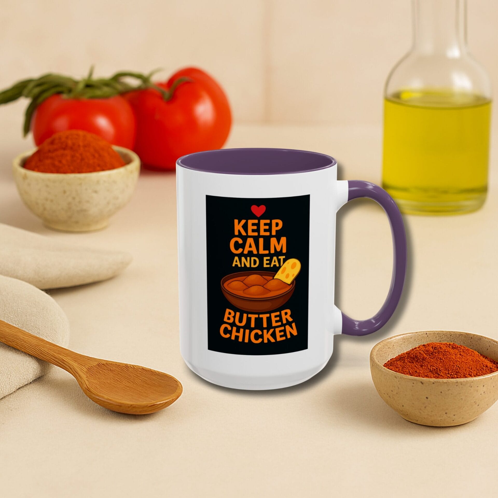 Indian Food Gift Mug | Keep Calm Accent | Colored Handle 11oz, 15oz