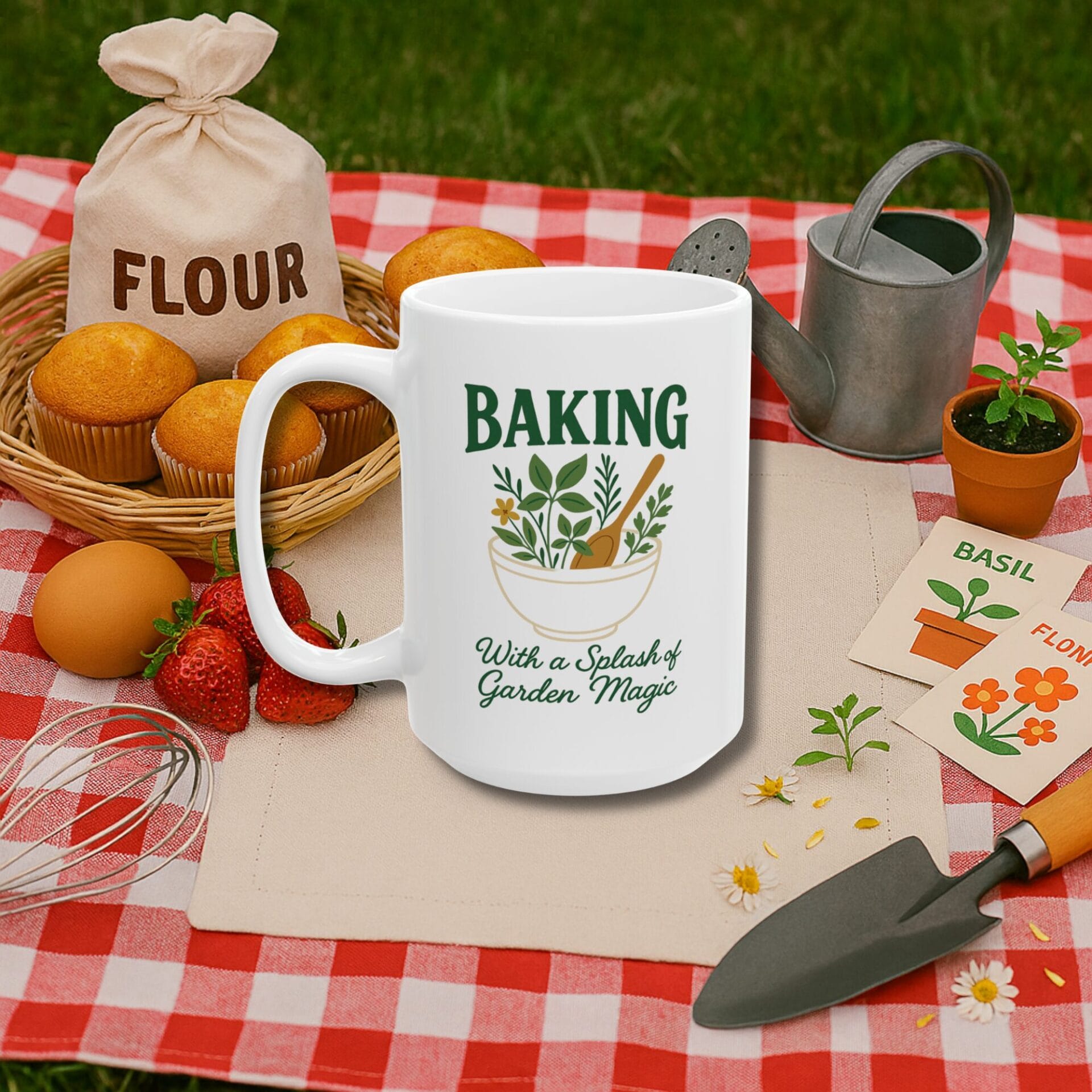 Mug gift for gardening enthusiast and baking lover | White | 11 oz, 15 oz | Baking With a Splash of Garden Magic - Image 2