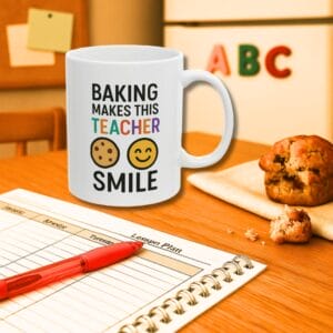 Baking makes teacher smile with cookie smiley face on white ceramic mug