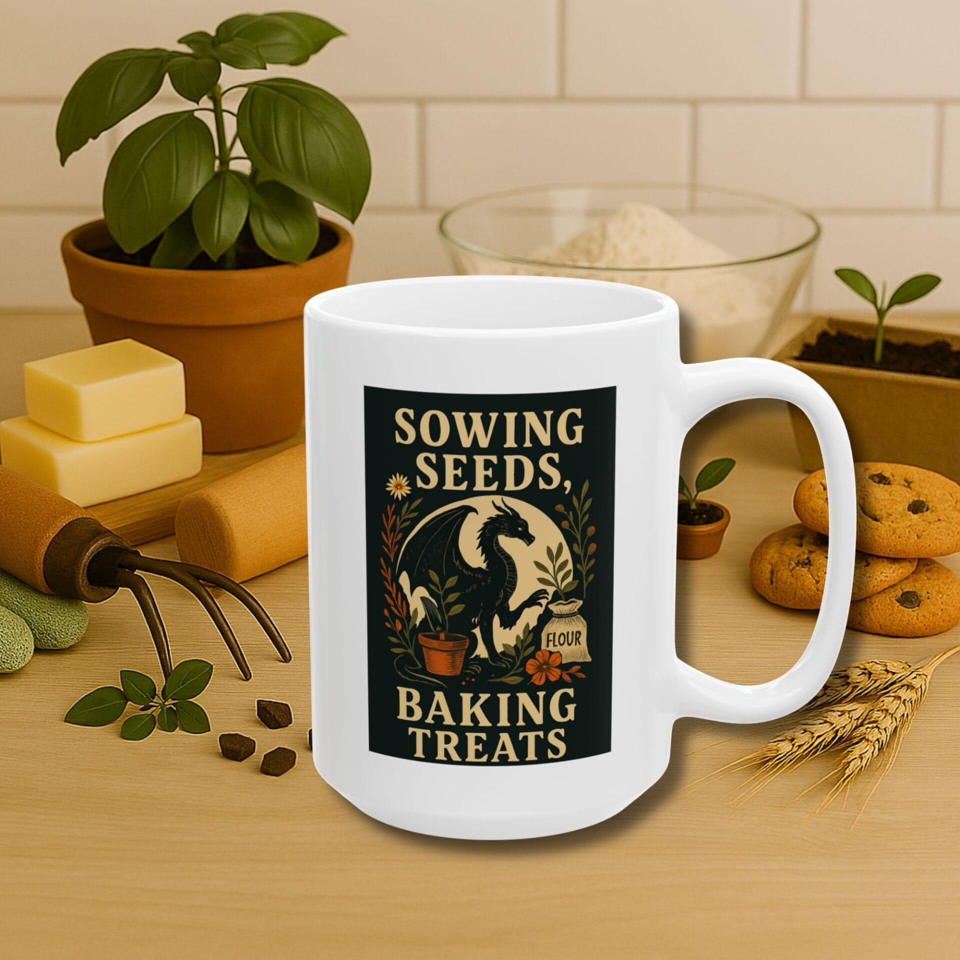 Sowing seeds baking treats wheelbarrow garden white ceramic mug gardening