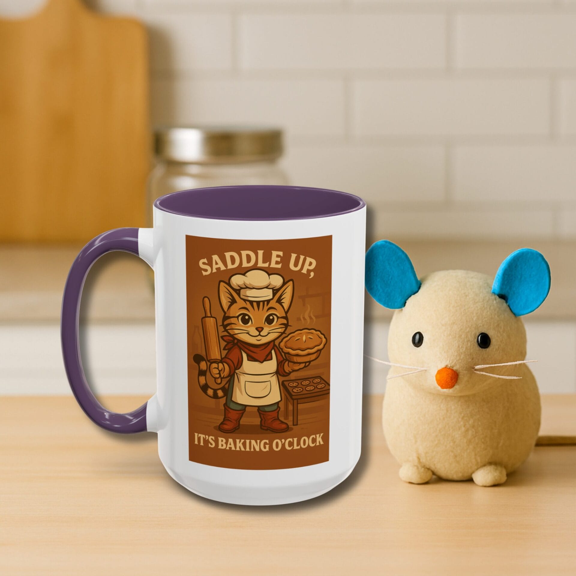 Saddle up baking o'clock cowboy cat ready to bake on accent color mug