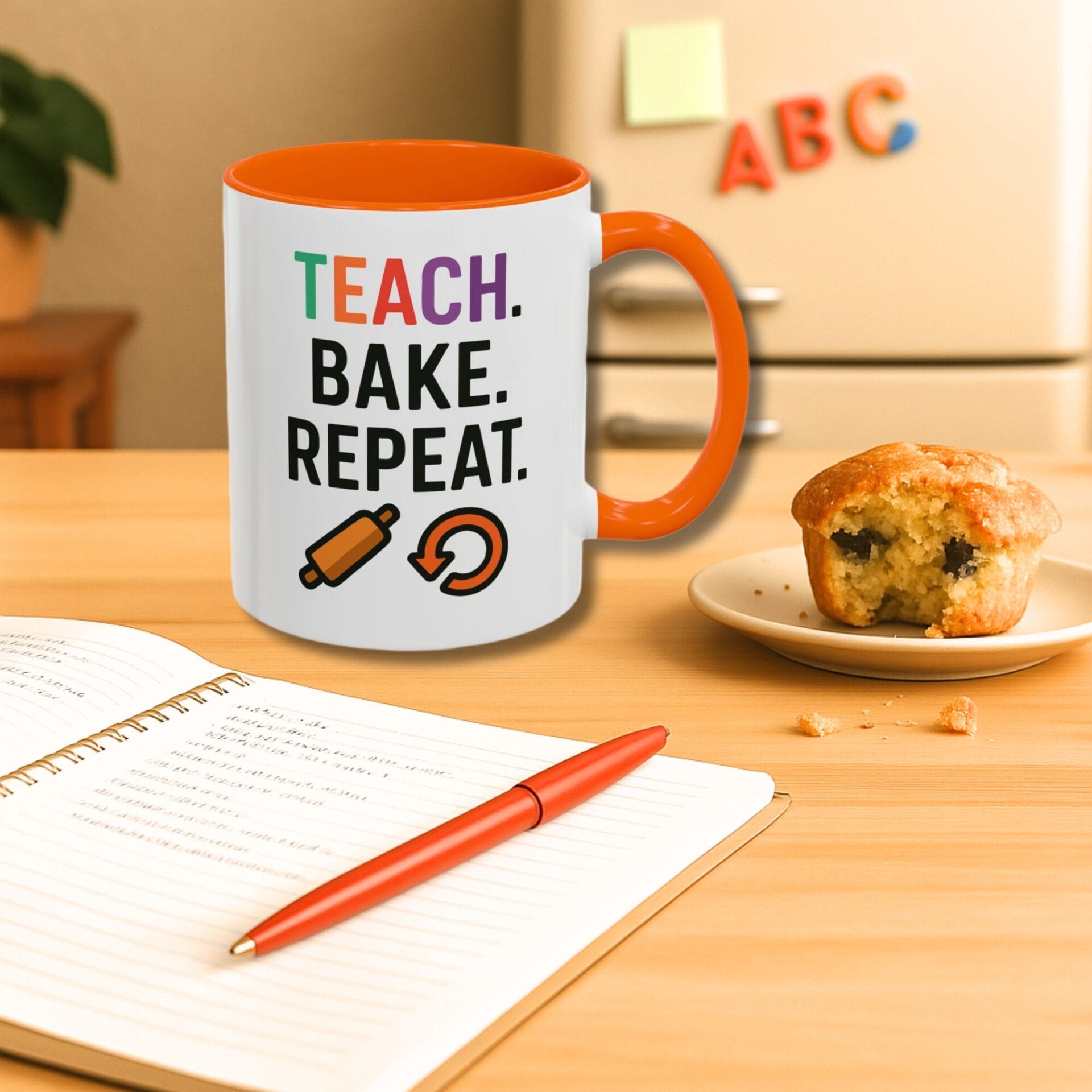 Teach bake repeat with rolling pin arrow book on colored accent mug