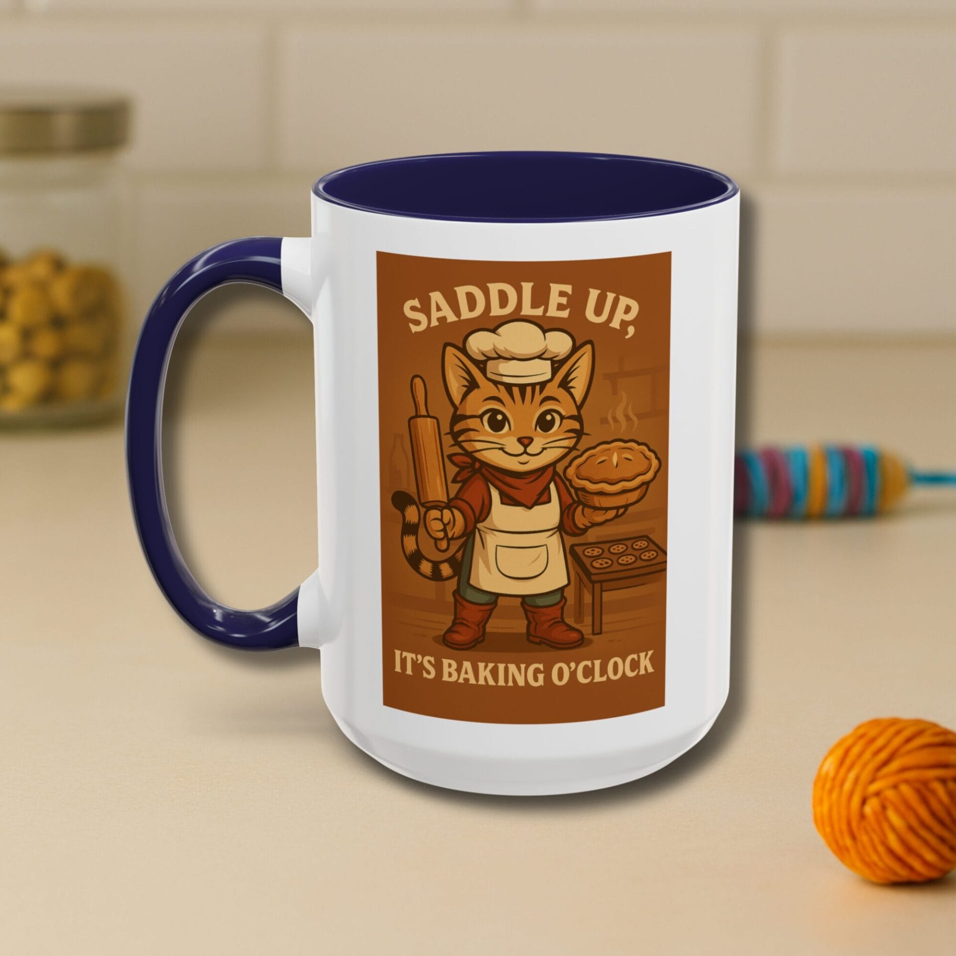 Saddle up baking o'clock cowboy cat ready to bake on accent color mug