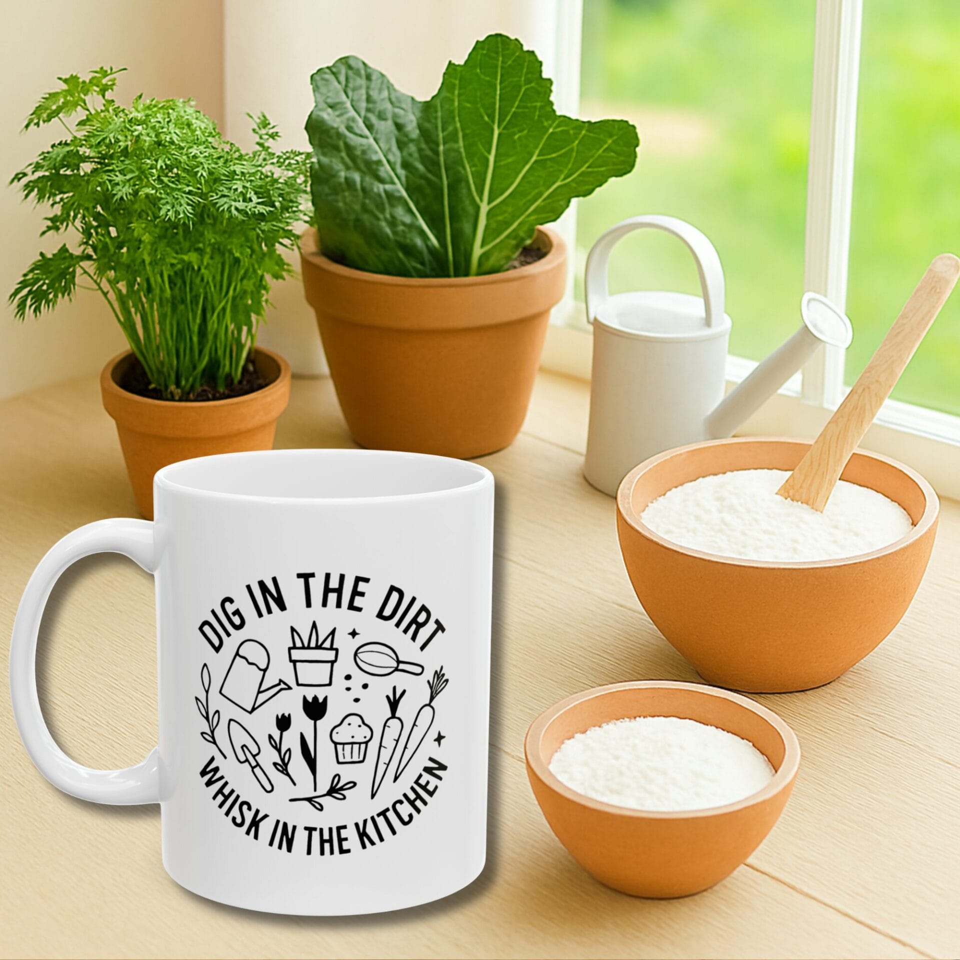 Mug gardening and baking gift | White | 11 oz, 15 oz | Dig In The Dirt, Whisk In The Kitchen - Image 2